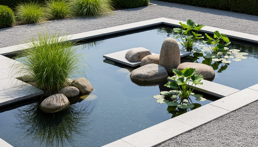 Minimalist water garden pond at dusk with a geometric stone focal point and controlled plant clusters creating an abstract look.