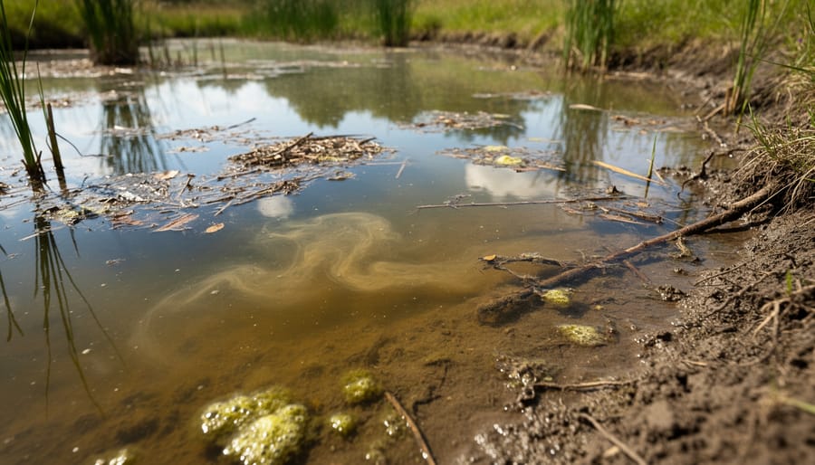 Backyard pond with murky green-brown water and floating debris near the shoreline