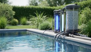A backyard pond with clear water and a pond filtration system featuring cylindrical filter components and visible biofilter media, inspired by groundwater treatment principles.