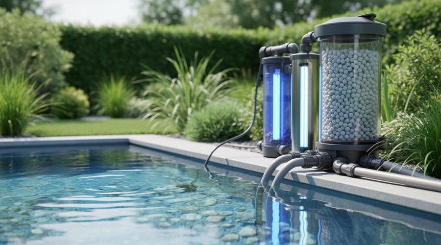 A backyard pond with clear water and a pond filtration system featuring cylindrical filter components and visible biofilter media, inspired by groundwater treatment principles.