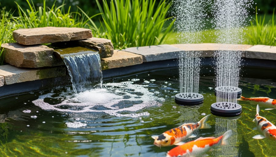 Backyard pond aeration shown by bubbling air stones and a small waterfall under warm sunlight.