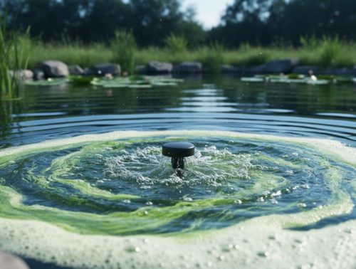 Pond water with green algae and surface ripples near an aeration diffuser, suggesting improved water health from aeration.