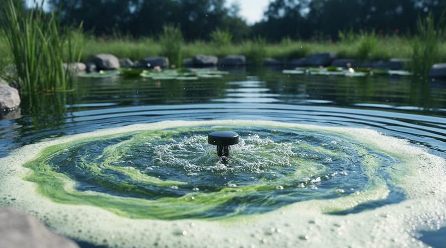 Pond water with green algae and surface ripples near an aeration diffuser, suggesting improved water health from aeration.