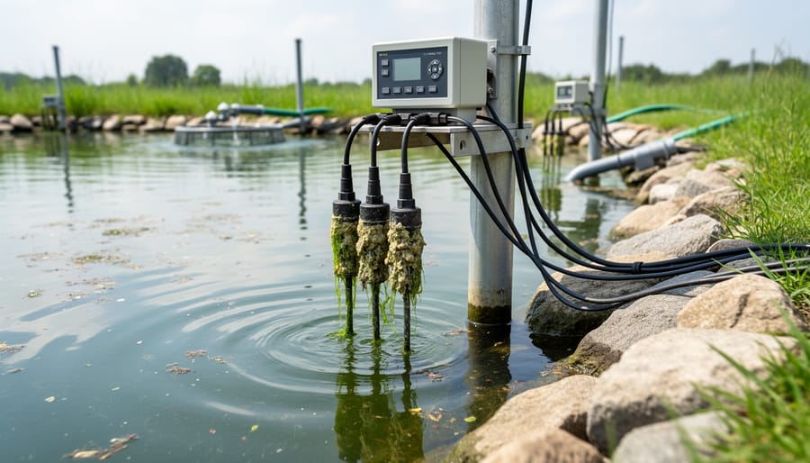Person holding a rinsed pond sensor probe at the pond edge with water ripples and underwater biofilm visible.