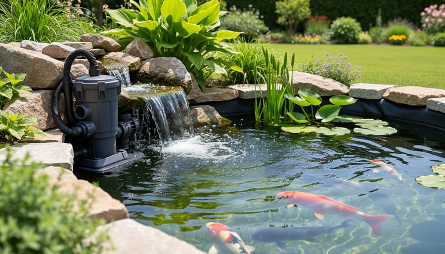 Pond pump and filtration equipment beside flowing water with lily pads in the background.
