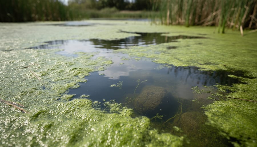 A backyard pond with a cloudy green algae bloom covering the water surface.