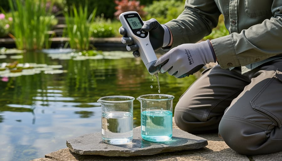 Close-up of a pH probe held over calibration cups with clear solution while a pond keeper prepares for calibration.
