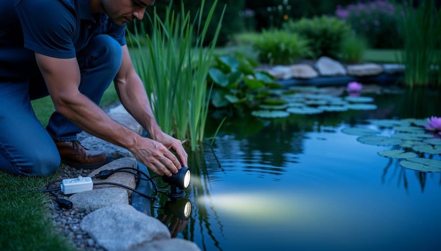 Homeowner adjusting a waterproof LED pond light near lily pads beside a koi pond.