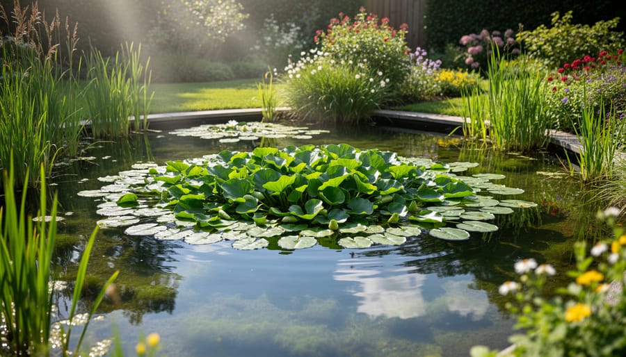 Pond water with floating and submerged plants casting natural shade and forming clearer areas.