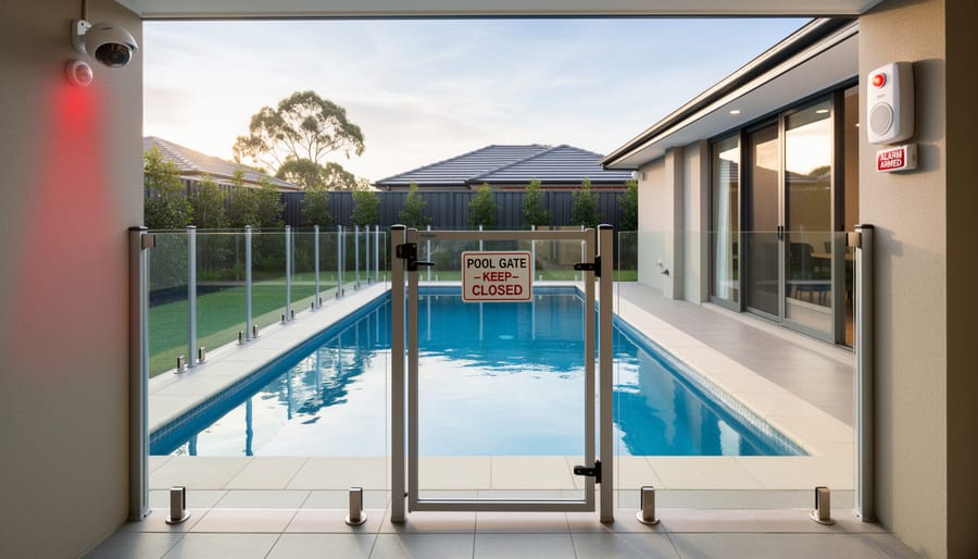 Backyard water feature fenced with a self-latching gate and an alarm near the entrance