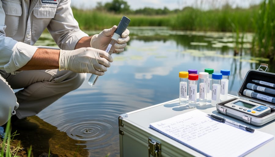Person’s hands holding a clear pond water sample bottle and a handheld water test kit near pond plants