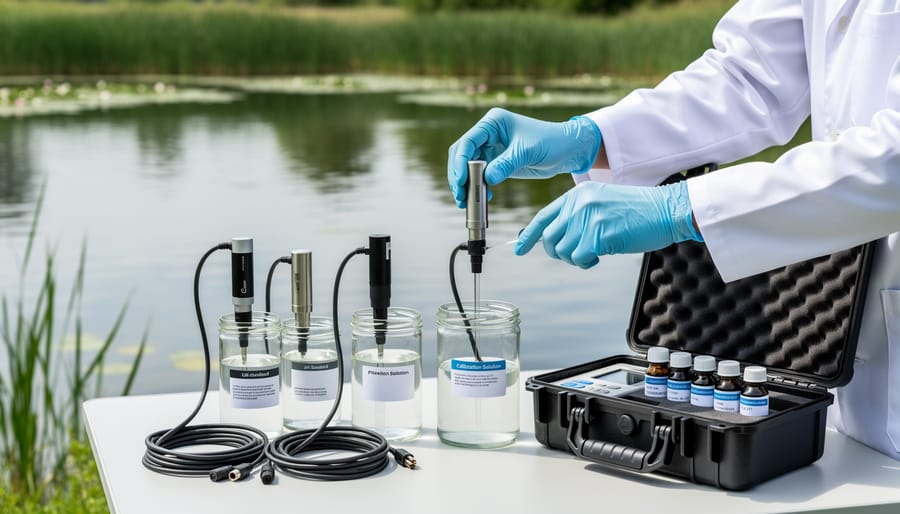 Two pond water quality sensors resting in clean calibration cups on a wooden work surface near a pond.