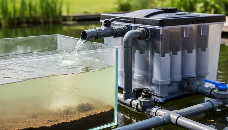 DIY pond pre-filter and settling chamber with sediment and leaves captured in the intake area.