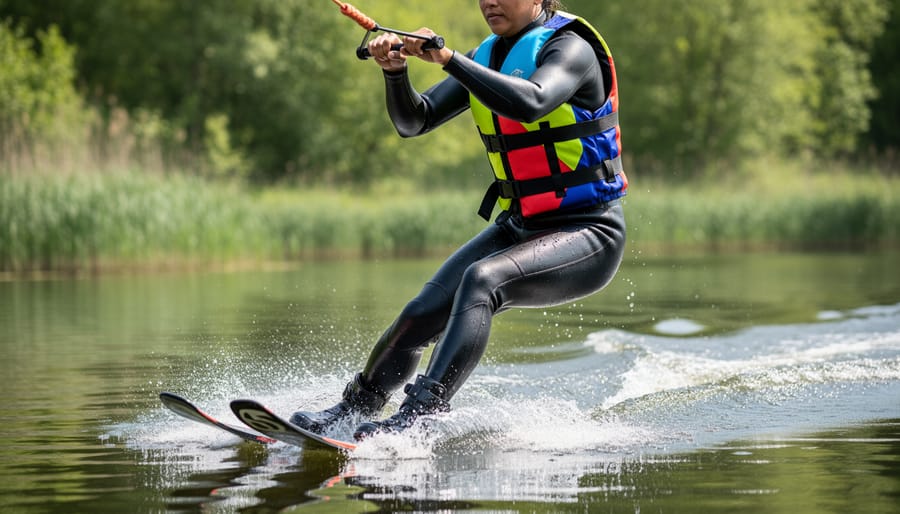 Person wearing a Coast Guard, approved life jacket standing on a pond dock near a tow boat