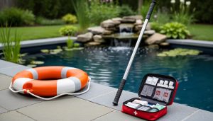 Backyard pond safety equipment setup with a life ring, reaching pole, and first aid kit placed near the water’s edge.