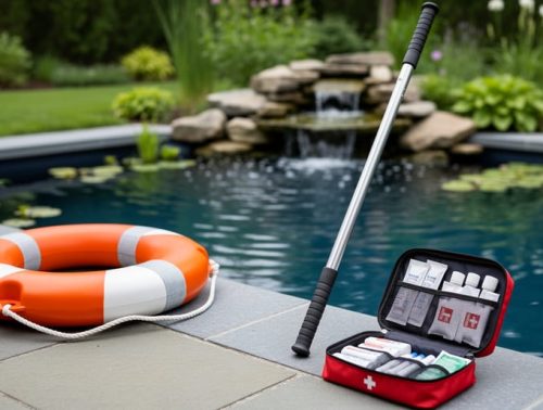 Backyard pond safety equipment setup with a life ring, reaching pole, and first aid kit placed near the water’s edge.