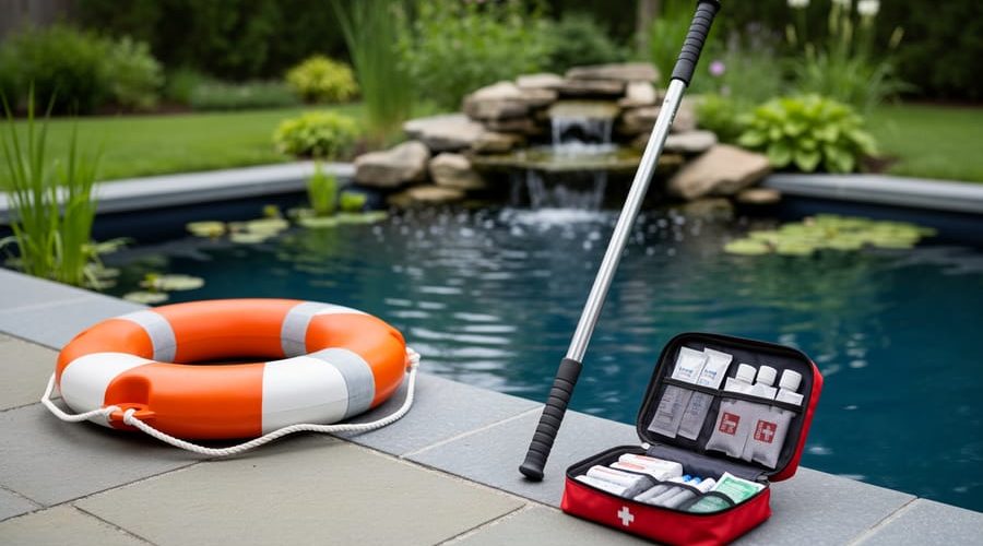 Backyard pond safety equipment setup with a life ring, reaching pole, and first aid kit placed near the water’s edge.