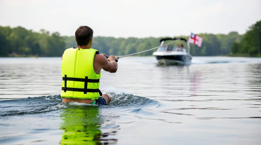 A water skier wearing a bright life jacket is being towed on a private pond, with a safety flag and boat in the background.