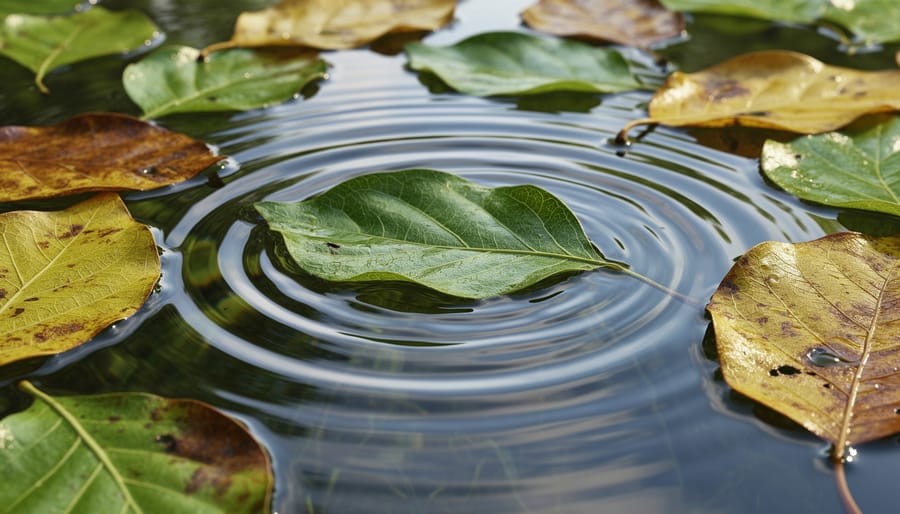 Macro view of pond water surface with ripples reflecting blue and dark tones and varied aquatic leaf textures.