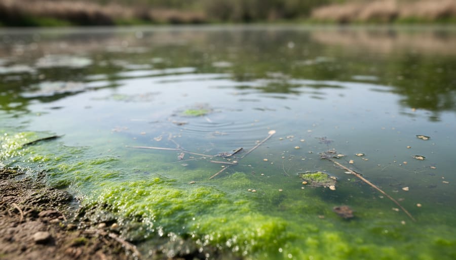 Calm pond water with subtle algae sheen and lily pads visible near the shoreline