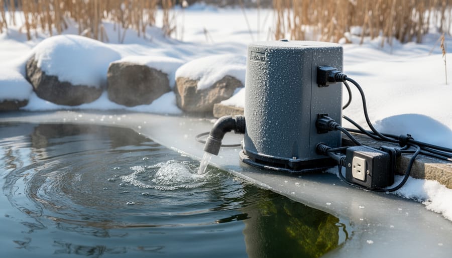 Winter pond de-icer or aerator positioned near ice edges with pond cover in the background.