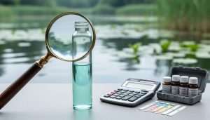 Close-up of a pond water sample vial with a calculator and chemistry test kit next to a magnifying glass, with a blurred pond background.