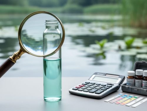 Close-up of a pond water sample vial with a calculator and chemistry test kit next to a magnifying glass, with a blurred pond background.
