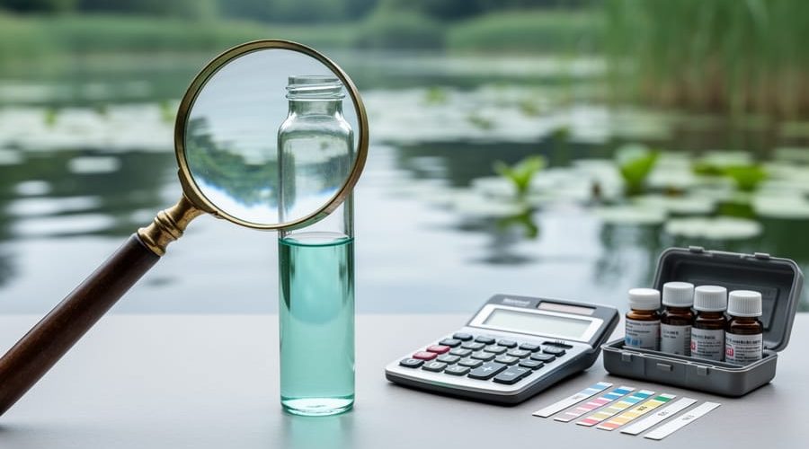 Close-up of a pond water sample vial with a calculator and chemistry test kit next to a magnifying glass, with a blurred pond background.