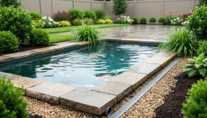 Close view of a clear backyard koi pond with stone edging and a gravel drainage channel near the pond to help manage stormwater runoff.