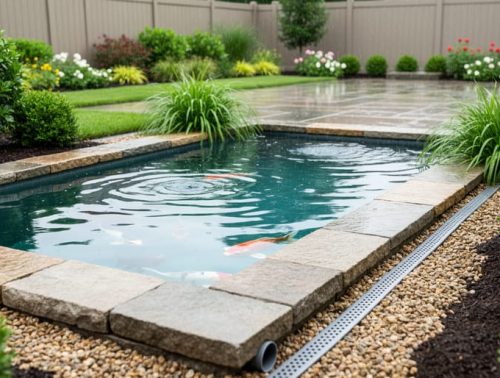 Close view of a clear backyard koi pond with stone edging and a gravel drainage channel near the pond to help manage stormwater runoff.