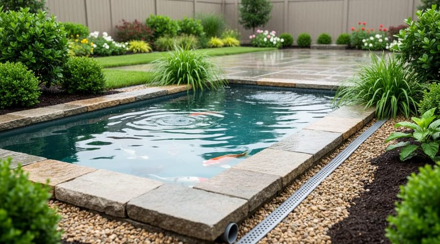 Close view of a clear backyard koi pond with stone edging and a gravel drainage channel near the pond to help manage stormwater runoff.