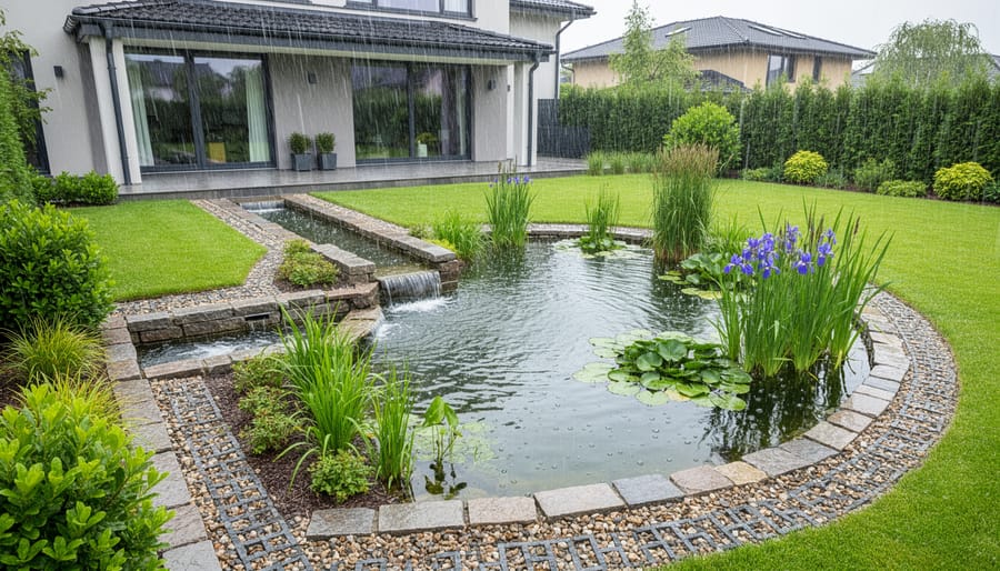 Residential koi water garden during rainfall with wet stone edging and controlled overflow area visible.
