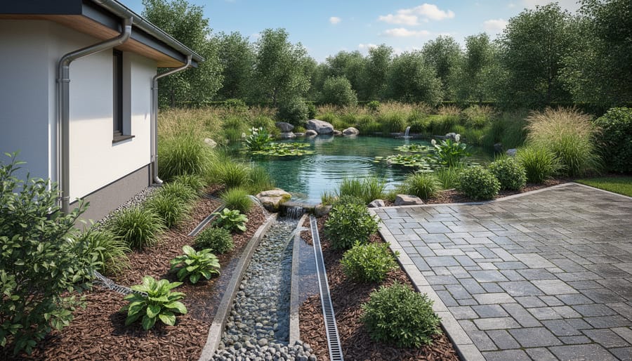 Downspout and swale directing roof runoff away from a residential water garden.