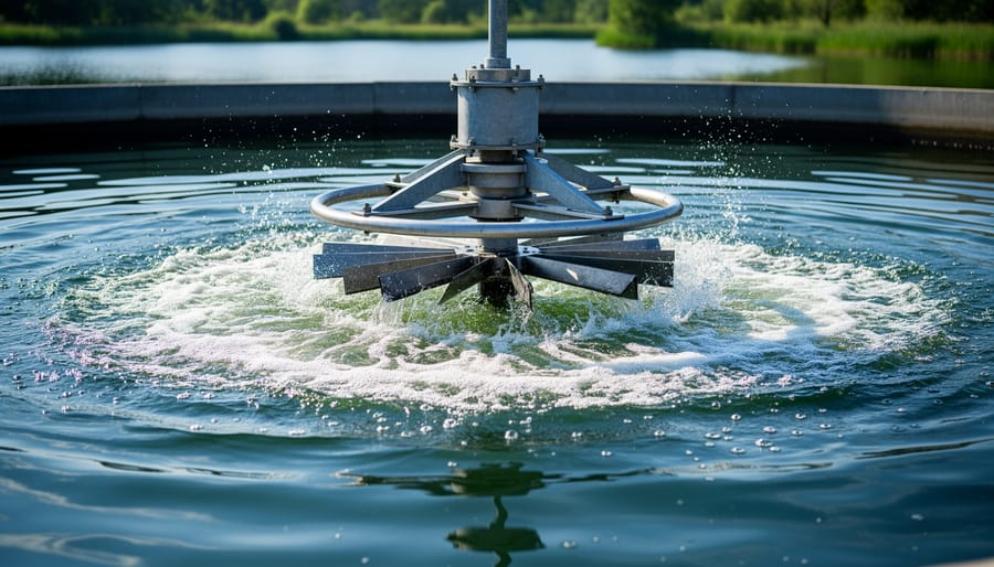 Pond surface aerator fountain creating bubbles and a spray of water over the pond