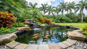 Backyard koi pond with gentle ripples and a small waterfall, surrounded by tropical plants and palms in a South Florida-style garden.