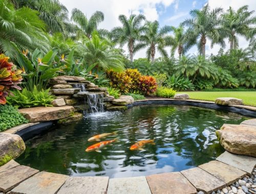 Backyard koi pond with gentle ripples and a small waterfall, surrounded by tropical plants and palms in a South Florida-style garden.