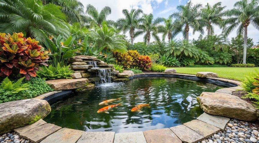 Backyard koi pond with gentle ripples and a small waterfall, surrounded by tropical plants and palms in a South Florida-style garden.