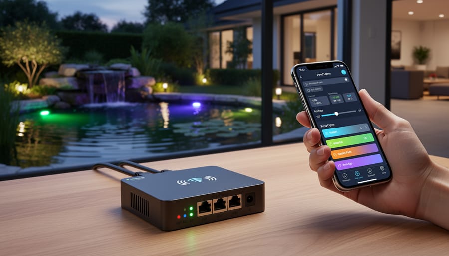 Smart hub/controller and smartphone placed near waterproof outdoor wiring for pond lighting control.