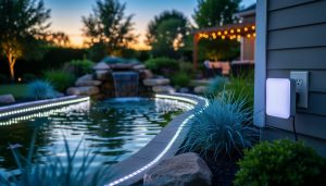 Dusk view of a backyard water garden with glowing pond LED lighting and a smart lighting controller near the outdoor power connection.