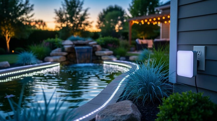 Dusk view of a backyard water garden with glowing pond LED lighting and a smart lighting controller near the outdoor power connection.