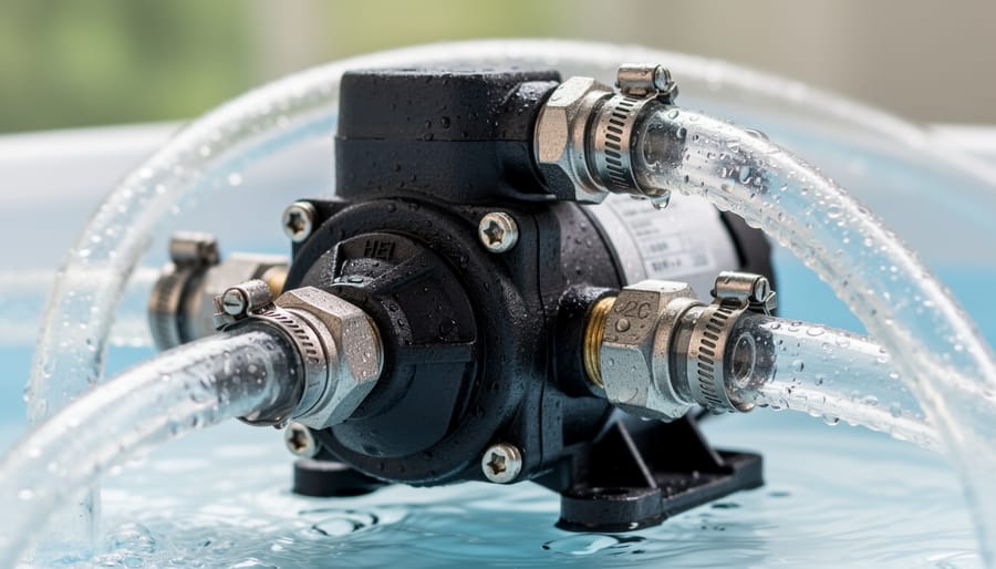 Close-up of a submersible pump and tubing in a small water garden container being adjusted by hands.