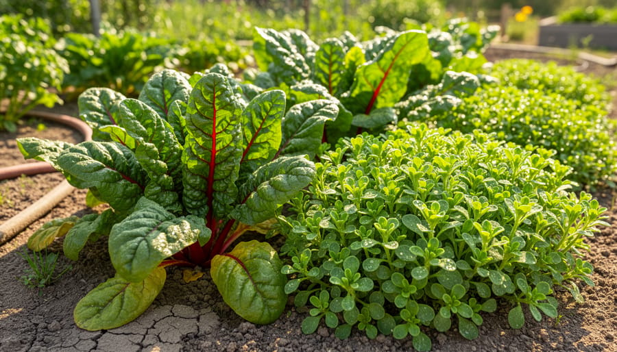 Close view of drought-tolerant leafy greens such as Swiss chard and purslane in dry mulched soil near a pond.