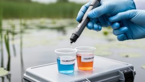Close-up of a pond pH sensor probe being positioned over two calibration solution cups during two-point calibration.