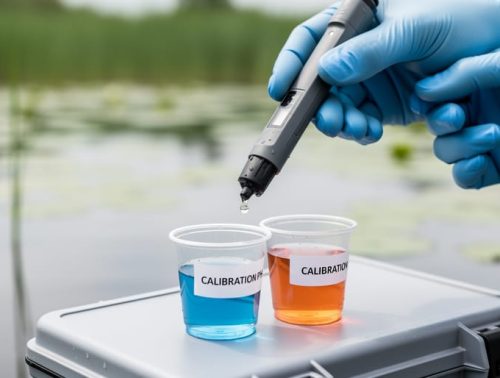 Close-up of a pond pH sensor probe being positioned over two calibration solution cups during two-point calibration.