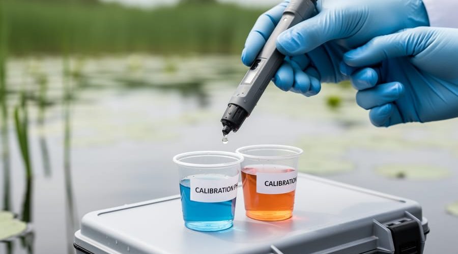 Close-up of a pond pH sensor probe being positioned over two calibration solution cups during two-point calibration.