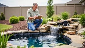 A homeowner kneeling by a backyard pond and waterfall while reviewing documents next to the water feature.
