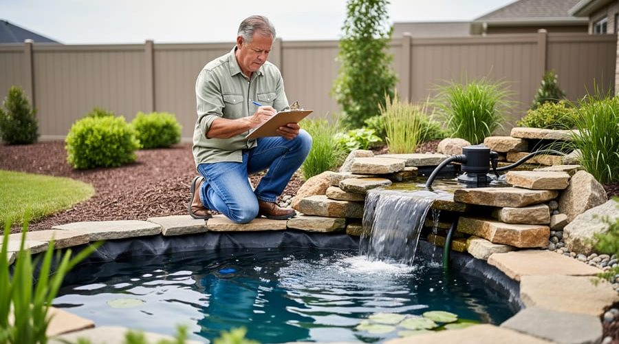 A homeowner kneeling by a backyard pond and waterfall while reviewing documents next to the water feature.