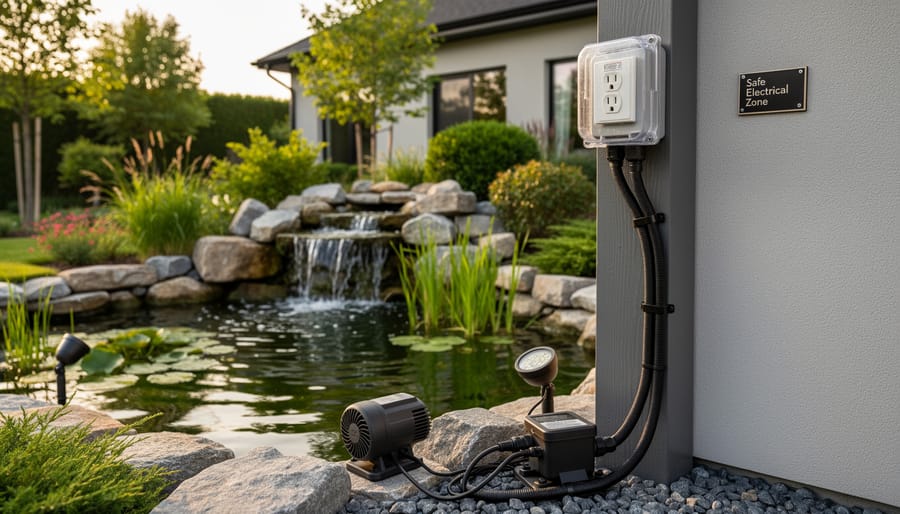 Electrician inspecting waterproof electrical connections near a pond pump