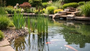 “Koi pond with a gravel wetland bog filter bed planted with iris, rushes, and cattails, showing clear water and gentle ripples.”