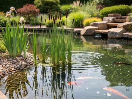 “Koi pond with a gravel wetland bog filter bed planted with iris, rushes, and cattails, showing clear water and gentle ripples.”